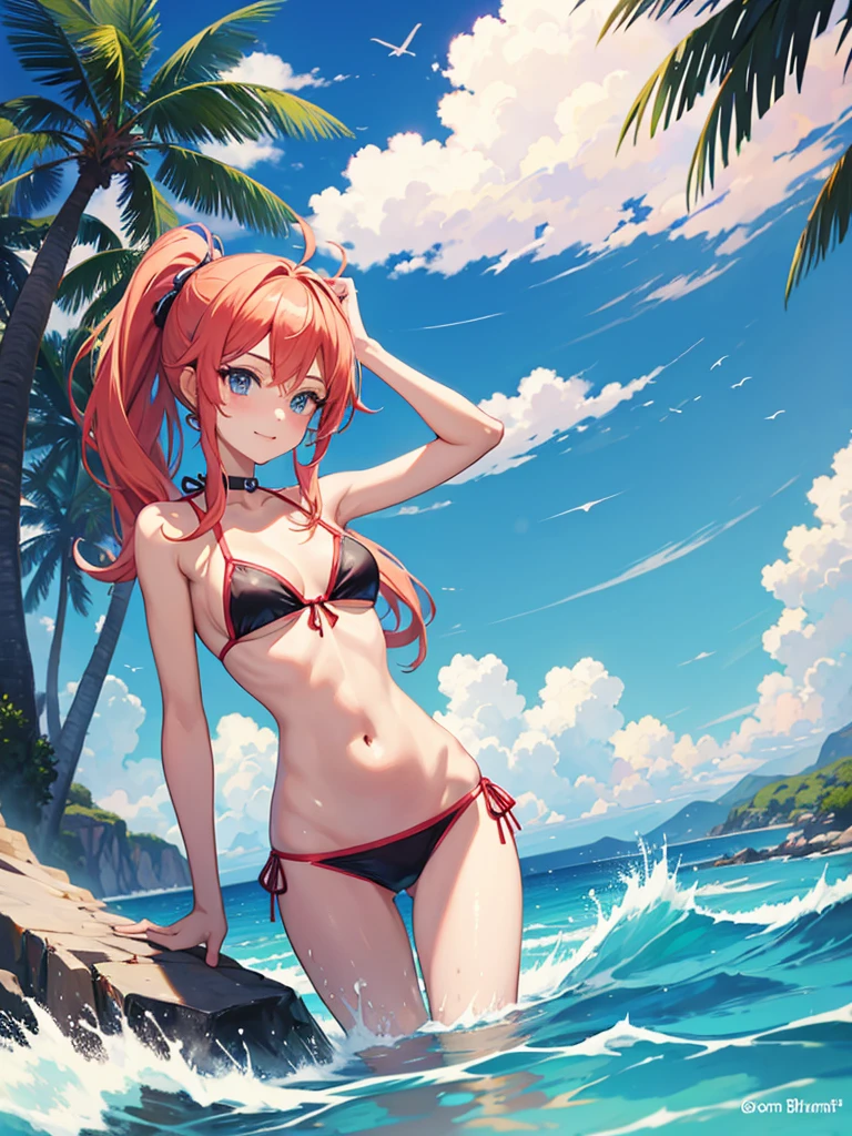 Arima Kana, red hair, long hair, red eyes, white swimsuit, Brazilian panties, from behind, anime girl sitting on the beach with red hair, smooth anime CG art, realistic anime 3D style, beautiful digital artwork, lost tran. Scenic background, Guweiz style artwork, photorealistic anime girl rendering, detailed digital anime art, digital anime art, realistic anime art style, advanced digital anime art, realistic 3d animation, hand in front,