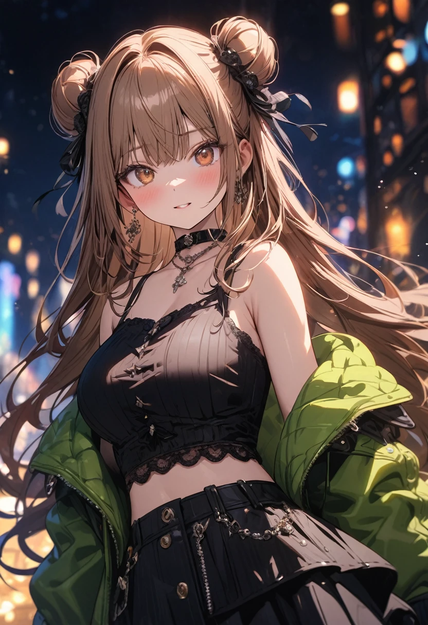 (masterpiece), best quality, very aesthetic, newest, absurdres, detailed, high quality
BREAK
highest quality, top quality, details, highres, ultra fine painting, digital art, official art, cinematic, 4k, 8k resolution, 8K CG wallpaper, CG, original artwork, detailed background, colorful background, blue atmosphere, High Dynamic Range, blurry background, blue hour, Starburst effects, crepuscular rays, good ISO, high resolution, wide shot, from far away, RAW photo, POV, sharp focus, light reflection, reflections, intricate details, soft light, particle noise, professional photography, bokeh, depth of field, natural lighting, vibrant colors, looking away, detailed lights and shadows, stylish, ultra-detailed, top rated on Pixiv, trending on Artstation, niji style, modern-days, master crafted, pose
BREAK
solo, (close up), 1girl, pale skin, correct fingers, detailed hand, (big breasts:1.2), big thighs, small torso, short body, flushtered, blush, anxious expression, embarassed, embarassed act, casual, slim, ((cute, childlike face):1.3), nice body, nice hips, brown hair, (very long flowing hair, 2 buns hairstyle), long bangs, long hair, middle hair bangs, brown eyes
BREAK
((black strap tank top), off shoulder green hoodie, choker, casualwear, modest) 
BREAK
City background