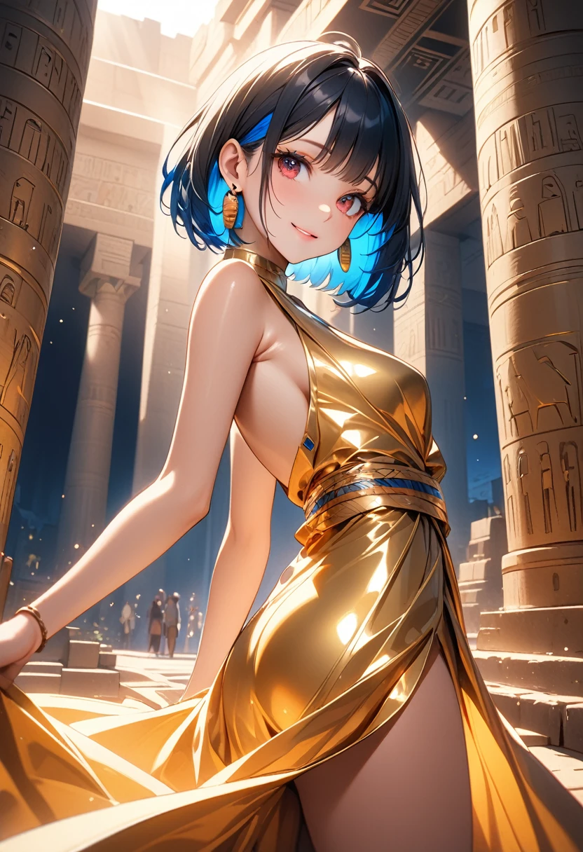 sexy, (masterpiece:1.3, 64k), intrincate details, (highly detailed), ai-generated, cinematic lighting, shading, (best quality), absurd, UHD, (ultra high-resolution), ultra-detailed, cgi, (lineart), clear, vibrant colour, shadow, contrast, refraction, perspective, depth, (depth of field), light particles, (hyper detailed), elaborated features, (volumetric lighting), BREAK 1girl, (25 years old), solo, (perfect anatomy), short hair, black hair, (colored inner hair, (blue hair:0.9)), front hair bob cut, (bob_cut:1.3), (super detailed hair), (dark_skin:1.2), (red eyes:1.2, extremely delicate eyes:1.3, beautiful eyes, super detailed pupils, eyelashes), (super detailed skin), (perfect face, beautiful face:1.1), glossy lips, (medium breasts:1.1, pointy_breasts:1.3), (slender body, thin waist, medium hips), (sexy body), BREAK (egyptian dress, golden dress:1.2), (earrings), BREAK (cute smile), (medium shot), back view, dynamic pose, dynamic angle, BREAK outdoors, (Hathor Temple, Ancient Egypt), (Night:1.5), BREAK beautiful girl, vivid color, sharp focus, perfect hands, perfect light, dutch angle, sexy,Shiny costumes, erect nipples, sexy pose,