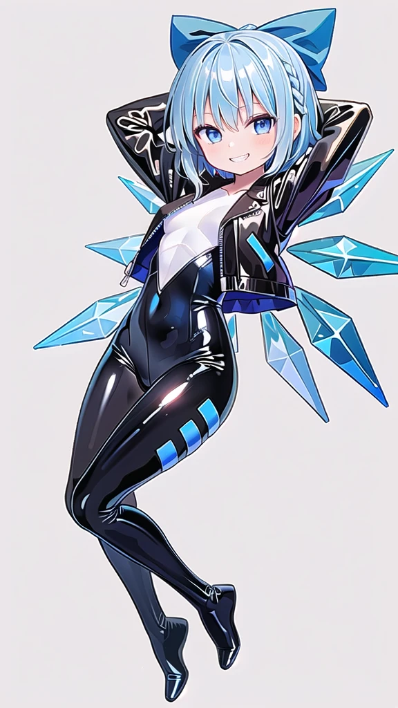 (((one girl))),(((one girl))),(((tanned cirno))), (touhou),(((short hair,blue hair))),ice wings,(((blue eyes))),(((bangs))),(((Black leather jacket))),(((blue full bodysuit))),((latex)), (shiny clothes:1.2),(((grin))),(((full body))),(((arm behind head))),(((model posing))),((((simple white background))),(((from front)))