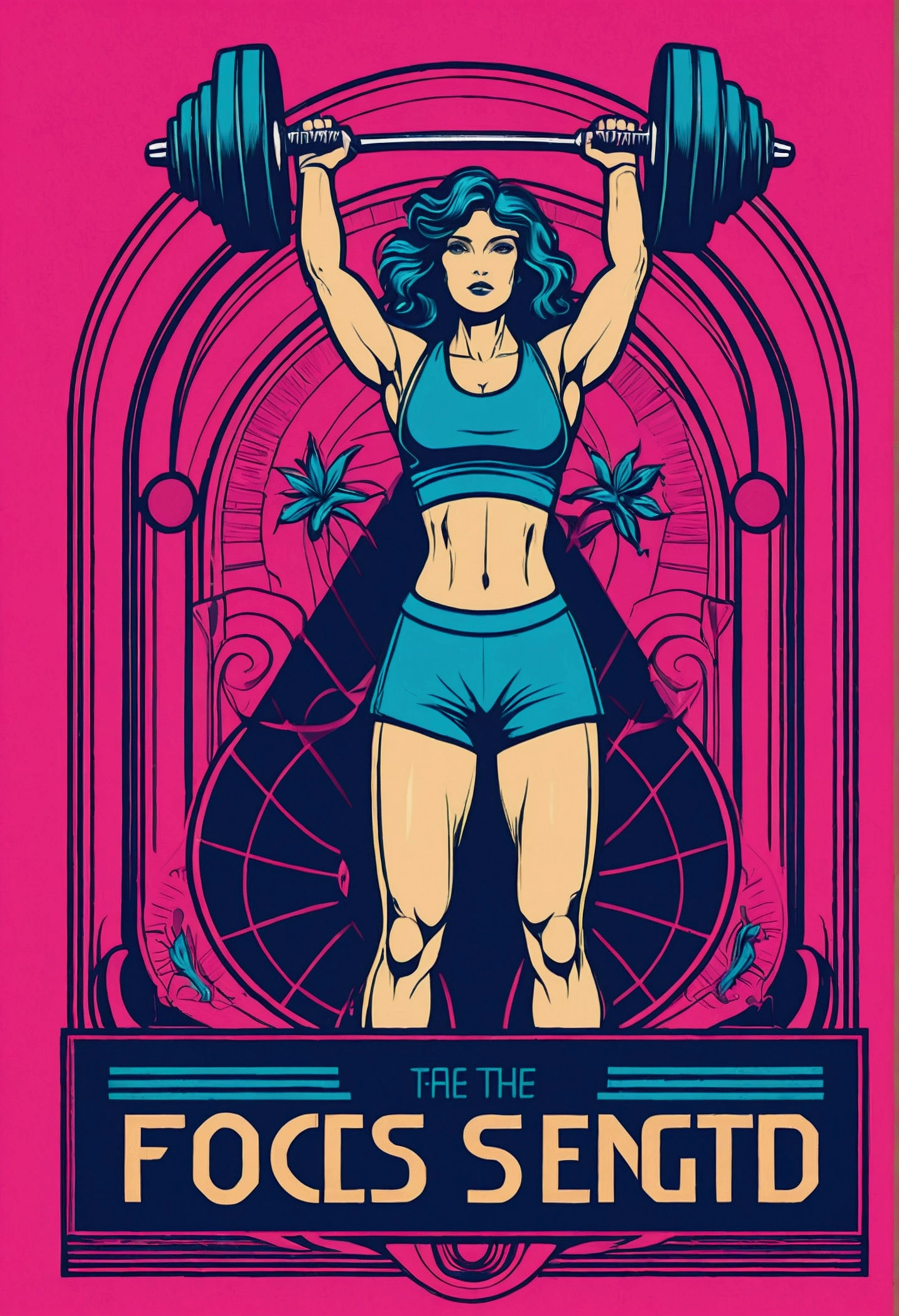 Art Nouveau, vector; Tetradic color palette. "Sports design with the phrase "'Focus and Strength"" in a ""bold" font". Add a dumbbell drawing or a heartbeat graphic next to the phrase."surrealism, synthwave:: t-shirt vector, central composition graphic design, simple background::2 mockup::-2 --upbeta --ar 1: 1