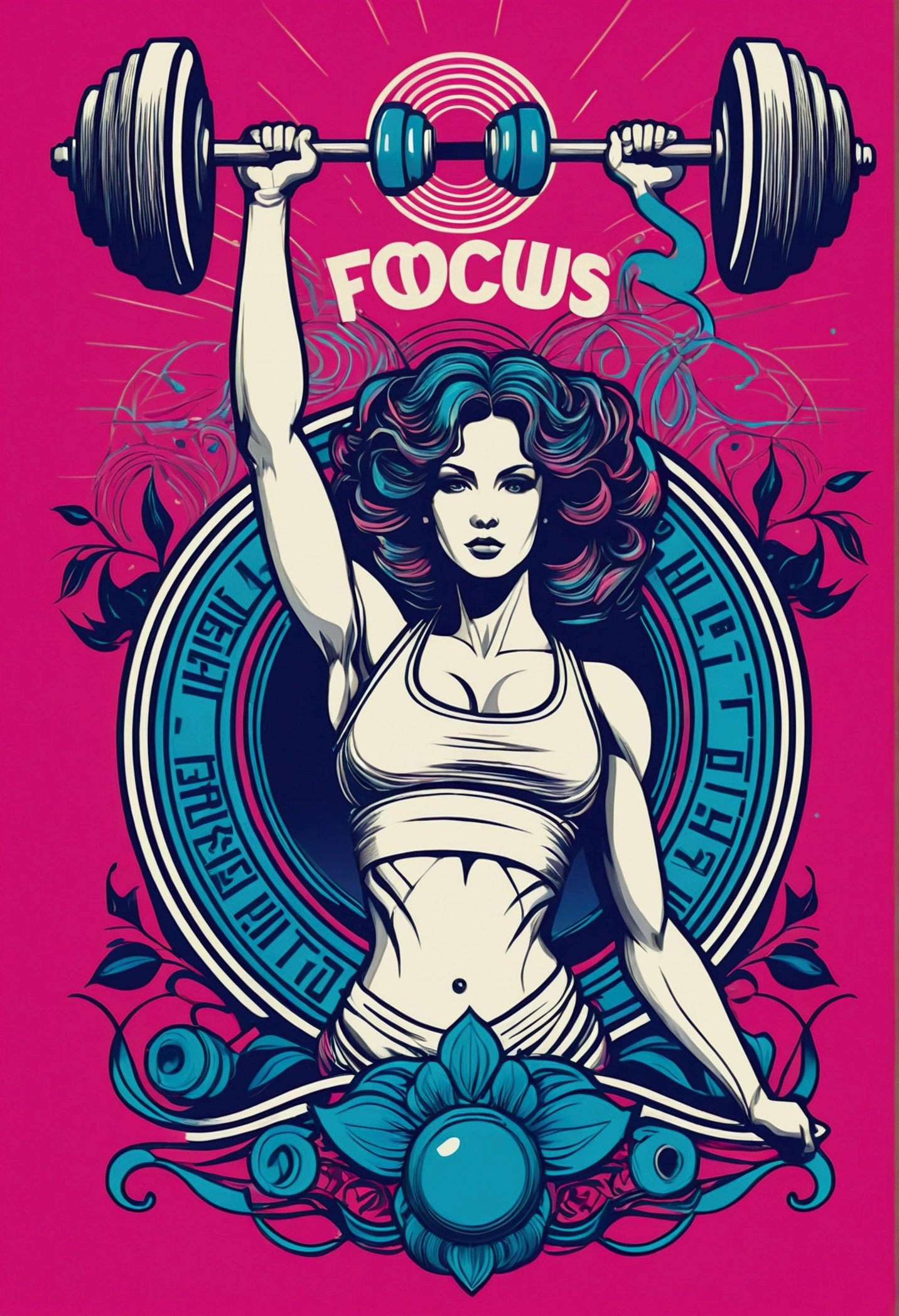 Art Nouveau, vector; Tetradic color palette. "Sports design with the phrase "'Focus and Strength"" in a ""bold" font". Add a dumbbell drawing or a heartbeat graphic next to the phrase."surrealism, synthwave:: t-shirt vector, central composition graphic design, simple background::2 mockup::-2 --upbeta --ar 1: 1