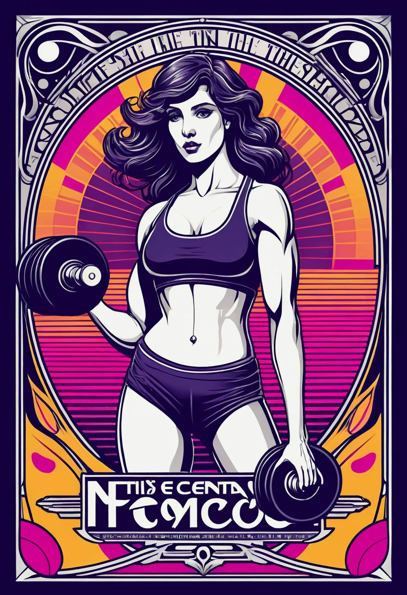Art Nouveau, vector; Tetradic color palette. "Sports design with the phrase "'Focus and Strength"" in a ""bold" font". Add a dumbbell drawing or a heartbeat graphic next to the phrase."surrealism, synthwave:: t-shirt vector, central composition graphic design, simple background::2 mockup::-2 --upbeta --ar 1: 1