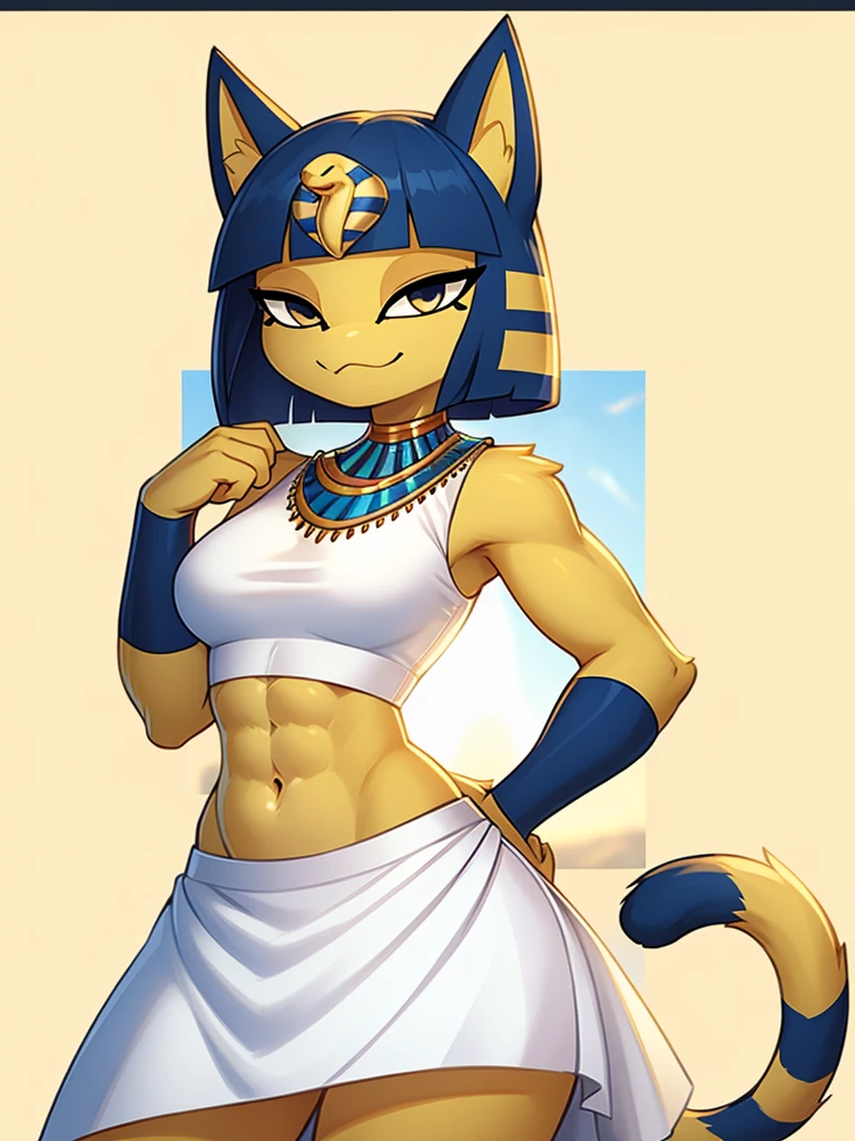 ((masterpiece)), ((best quality)), ((perfect face)), trending on artstation, furry, furry style , anthro style, digital artwork of a sexy ankha with rock hard abs, a bare midriff and a bare navel wearing a crop top of her sleeveless white dress with long white dress skirt, blue Egyptian handbands, yellow and blue fur, cat, tail, female, Egyptian setting, smug face, Egyptian necklace