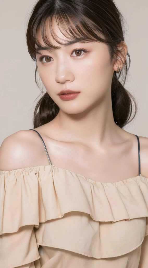 ((highest quality, 8k, masterpiece: 1.3)), sharp: 1.2, perfect body beauty: 1.4, slim abs: 1.2, ((layered hairstyles, big breasts: 1.2)), (off shoulder: 1.2), (nude: 1.2), close up face: 1.5, Highly detailed face and skin texture, fine eyes, double eyelid, View from the side looking at the camera