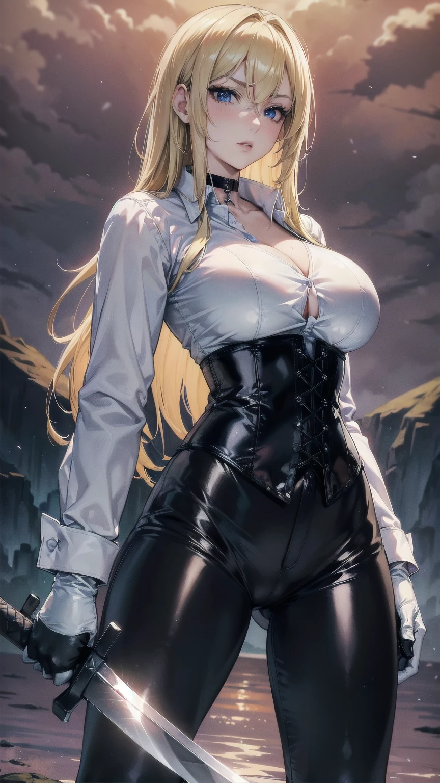 Masterpiece, Superior image quality, high resolution, 4k image,photo and gross, photorealistic, whole body, 1 young blonde of , fighting pose, {{{vagina}}}, big breasts, beautiful face, Long blonde hair, blue eyes, very detailed eyes, pink cheeks, serious expression, choker:1.6, (white collar button down long sleeve shirt), black gloves, gloves that cover hands, (wields a sword in his right hand), (black leather corset), (shiny black leggings), Sensual Lips, show details in the eyes, View from the front, looking at the viewer, standing on the shore of a lagoon, gloomy lagoon, Atmosphere, crimson sky