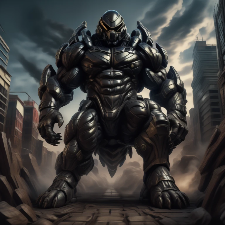 (masterpiece. official art. 8k. best quality. detailed full body. full body.)
(situation 1 : dominating mega lucario. focus GIANT mechanical Muscular mega lucario is trampling the CITY. macro. stomp. Low-angle perspective. emphasizing the immense size. The perspective is from below, emphasizing the sheer majesty and power of the Giant. giant art. He is much bigger than a skyscraper. Giga Giants. micro soccer field. looking down.)

(situation 2 :smoke and flames rising from the destruction in the city)

(Additional details 1: wearing a full-face helmet. helmet is jet black. The color of NANOSUIT is jet black. high-tech bio-mecha armor. real texture material. whole body shines like metal. Wearing cyberpunk mecha. emphasizes the muscles. suit fully made of metal. intricate armor. Robotic suit. suit fully made of metal. no face.). (mega lucario has 5 toes.) Wearing a Full Face Toxic Gas Mask. no blue.
An arrogant expression.
smile at the corner of your mouth.

(Additional details 2: (Detailed head. Detailed Body. Detailed abs. gigantic muscles. HYPER MUSCLES. Gigachad Muscular. big muscle. pecs. triceps. traps. unusually developed muscular body. body full of huge muscles. showing off muscles. pectorales enormes. Exaggeratedly huge muscles. huge muscles. long legs.).

(Additional details 3: nj5furry, Spread wings. It has wings. black have big wings. The claws are sharp. Sharp teeth.5 toes.).  Wearing a Full Face Toxic Gas Mask. 