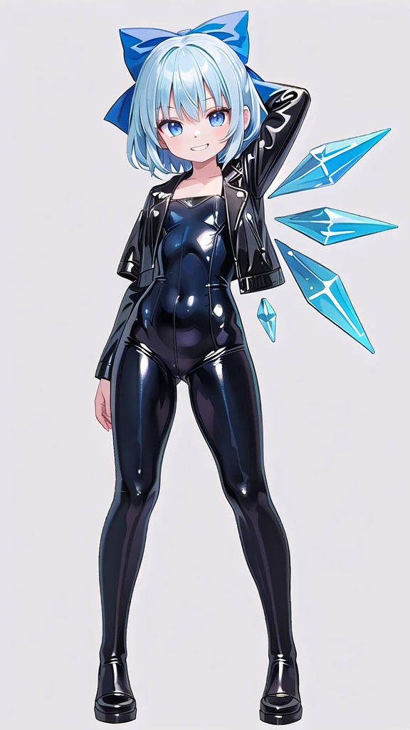 (((one girl))),(((one girl))),(((tanned cirno))), (touhou),(((short hair,blue hair))),ice wings,(((blue eyes))),(((bangs))),(((Black leather jacket))),(((blue full bodysuit))),((latex)), (shiny clothes:1.2),(((grin))),(((full body))),(((arm behind head))),(((model posing))),((((simple white background))),(((from front)))
