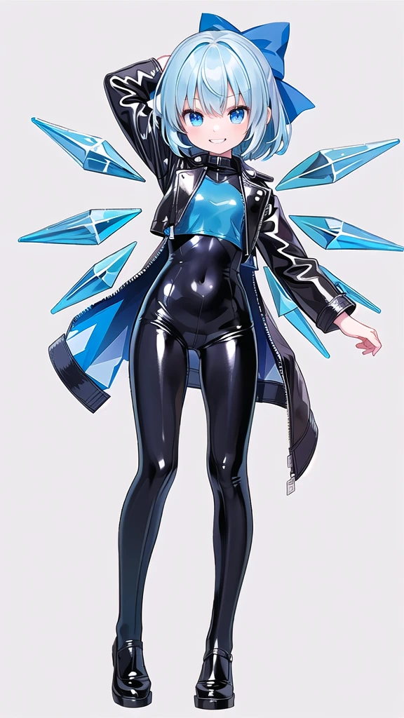 (((one girl))),(((one girl))),(((tanned cirno))), (touhou),(((short hair,blue hair))),ice wings,(((blue eyes))),(((bangs))),(((Black leather jacket))),(((blue full bodysuit))),((latex)), (shiny clothes:1.2),(((grin))),(((full body))),(((arm behind head))),(((model posing))),((((simple white background))),(((from front)))