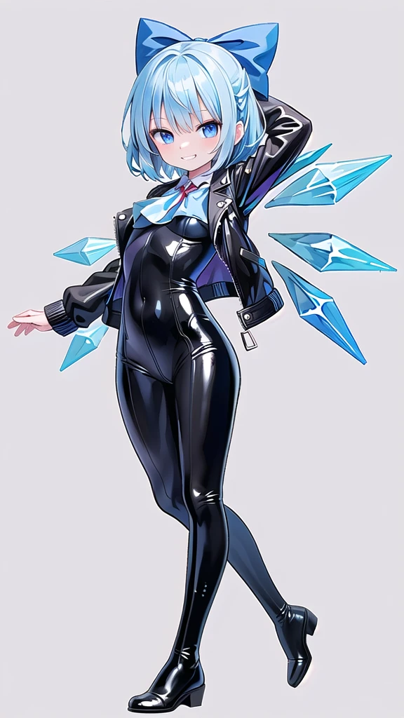 (((one girl))),(((one girl))),(((tanned cirno))), (touhou),(((short hair,blue hair))),ice wings,(((blue eyes))),(((bangs))),(((Black leather jacket))),(((blue full bodysuit))),((latex)), (shiny clothes:1.2),(((grin))),(((full body))),(((arm behind head))),(((model posing))),((((simple white background))),(((from front)))