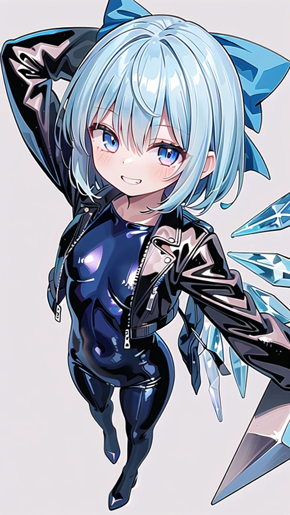 (((one girl))),(((one girl))),(((tanned cirno))), (touhou),(((short hair,blue hair))),ice wings,(((blue eyes))),(((bangs))),(((Black leather jacket))),(((blue full bodysuit))),((latex)), (shiny clothes:1.2),(((grin))),(((full body))),(((arm behind head))),((((simple white background))),(((from front)))
