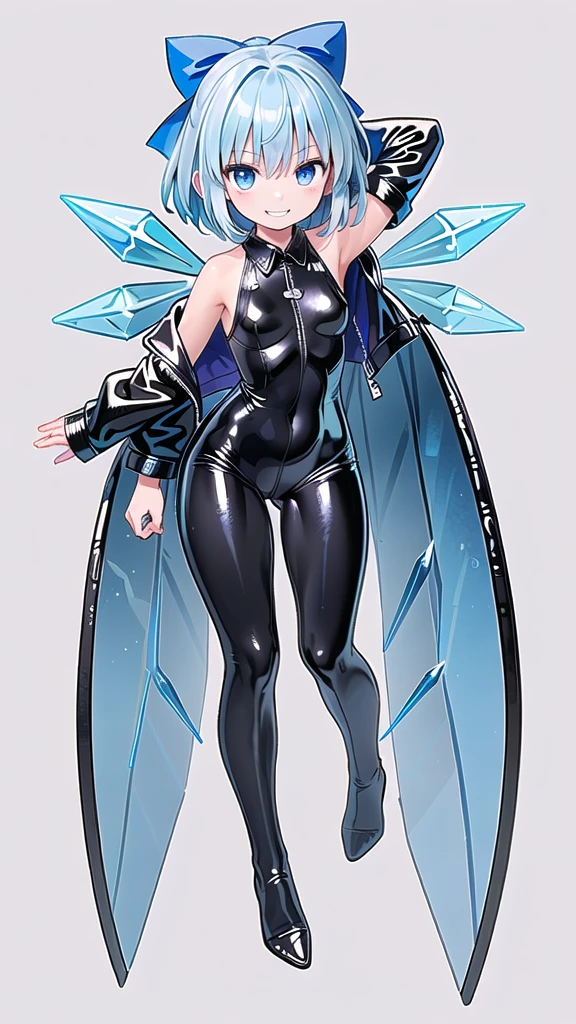 (((one girl))),(((one girl))),(((tanned cirno))), (touhou),(((short hair,blue hair))),ice wings,(((blue eyes))),(((bangs))),(((Black leather jacket))),(((blue full bodysuit))),((latex)), (shiny clothes:1.2),(((grin))),(((full body))),(((arm behind head))),(((model posing))),((((simple white background))),(((from front)))