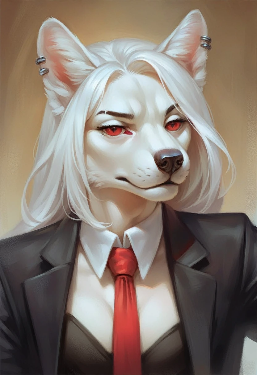 a furry wolf girl, white hair, black wolf ears, pale white skin, piercing red eyes, wearing a red tie, black suit jacket, and a black mini skirt, highly detailed, hyper realistic, photorealistic, 8k, masterpiece, intricate details, dramatic lighting, cinematic, elegant, beautiful