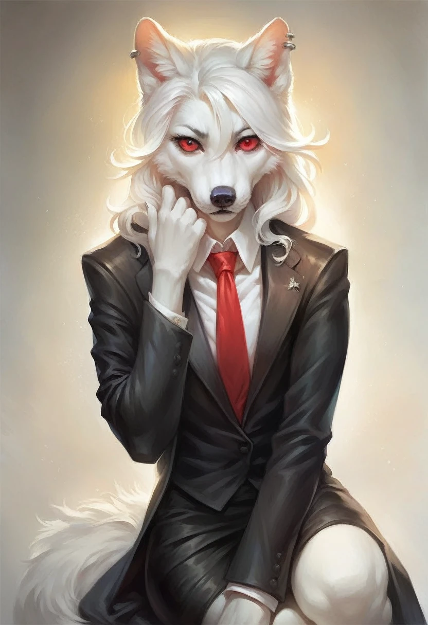 a furry wolf girl, white hair, black wolf ears, pale white skin, piercing red eyes, wearing a red tie, black suit jacket, and a black mini skirt, highly detailed, hyper realistic, photorealistic, 8k, masterpiece, intricate details, dramatic lighting, cinematic, elegant, beautiful