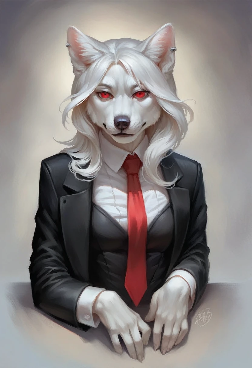 a furry wolf girl, white hair, black wolf ears, pale white skin, piercing red eyes, wearing a red tie, black suit jacket, and a black mini skirt, highly detailed, hyper realistic, photorealistic, 8k, masterpiece, intricate details, dramatic lighting, cinematic, elegant, beautiful