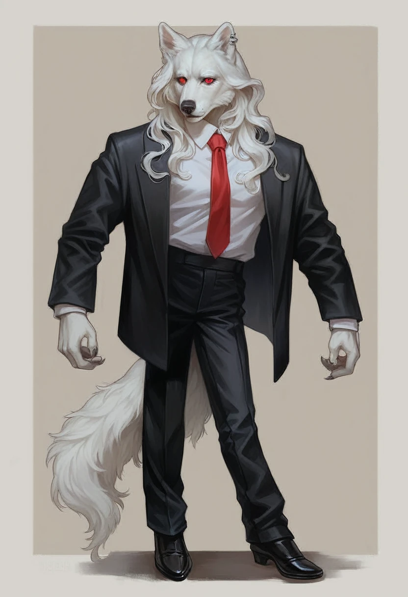 a furry wolf girl, white hair, black wolf ears, pale white skin, piercing red eyes, wearing a red tie, black suit jacket, and a black mini skirt, highly detailed, hyper realistic, photorealistic, 8k, masterpiece, intricate details, dramatic lighting, cinematic, elegant, beautiful