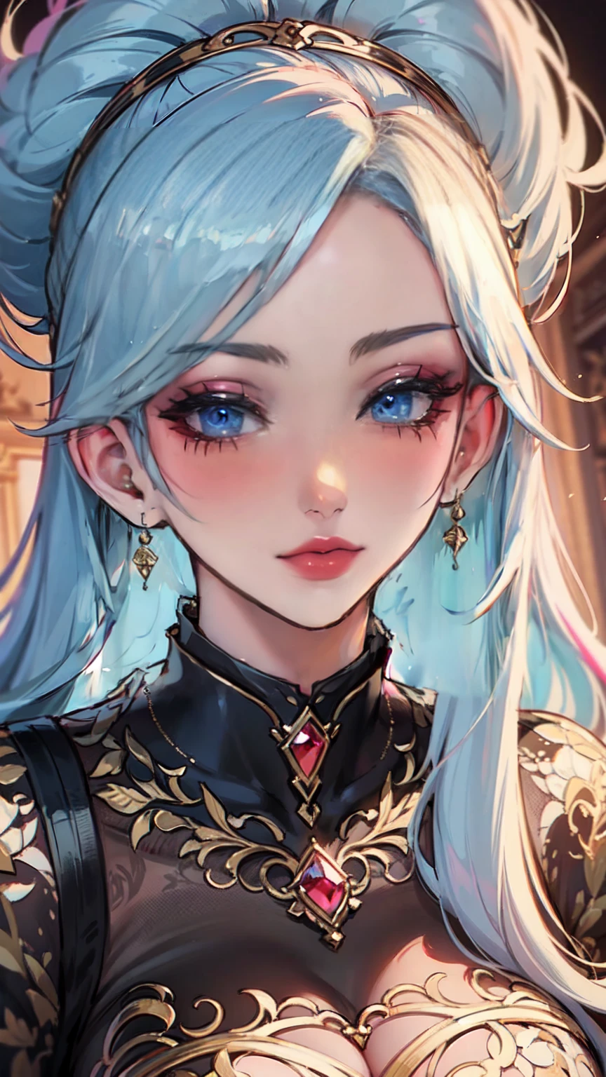Masterpiece, raw,  beautiful art, professional artist, 8k, art style by sciamano240, very detailed face, very detailed hair, 1 mature woman, perfectly drawn body, beautiful face, long hair, light blue hair , very detailed blue eyes, pouty lips , rosey cheeks, intricate details in eyes, playful smile, looking directly at viewer , in love with viewer expression, black chocker, lipstick, very close up on face, studio setting,