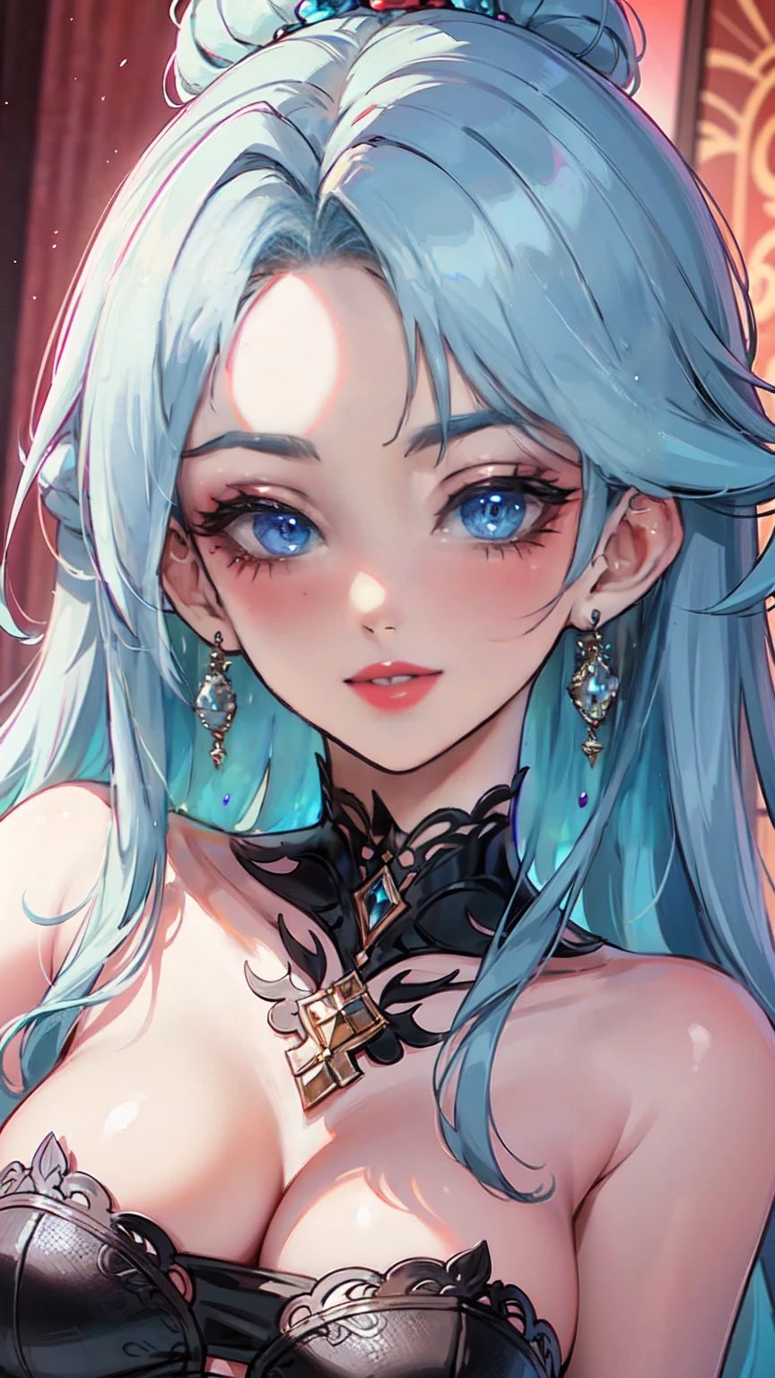 Masterpiece, raw, beautiful art, professional artist, 8k, art style by sciamano240, very detailed face, very detailed hair, 1 mature woman, perfectly drawn body, beautiful face, long hair, light blue hair , very detailed blue eyes, pouty lips , rosey cheeks, intricate details in eyes, playful smile, looking directly at viewer , in love with viewer expression, black chocker, lipstick, very close up on face, studio setting,