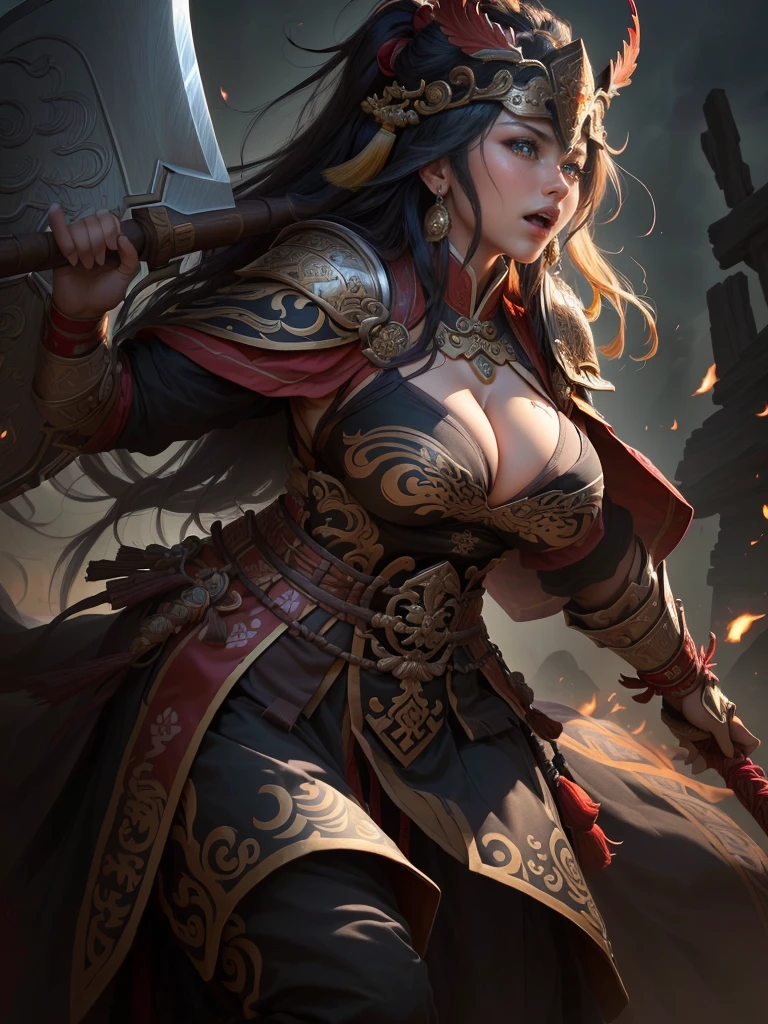 a woman with a large axe and a feathered head, inspired by Hu Zaobin, berserker potrait, guan yu, bian lian, sun wukong, mongol, inspired by Huang Shen, inspired by Li Gonglin, tai warlord, inspired by Wu Bin, wukong, inspired by Li Kan, naranbaatar ganbold, Highly detailed CG unit 8k wallpaper, masterpiece, High resolution, highest quality, highest quality real texture skin, Super Real, Digital Painting, Best image quality, 最High resolution, 8k, ((Highly detailed eyes and face, Beautiful eyes every detail)), 1girl, Full Body Shot, Saggy breasts, Gravity-dependent breasts, long chest, Heavy chest, disproportionate breasts, huge breasts, sagging breasts, gigantic breasts, erect nipple, Cleavage cut out, Look away, Gazing into the distance, ((open your mouth wide, stick out tongue, ahegao)), (evil smile, madness, 遠くをにらむ, 遠くを見つめる. profile),
