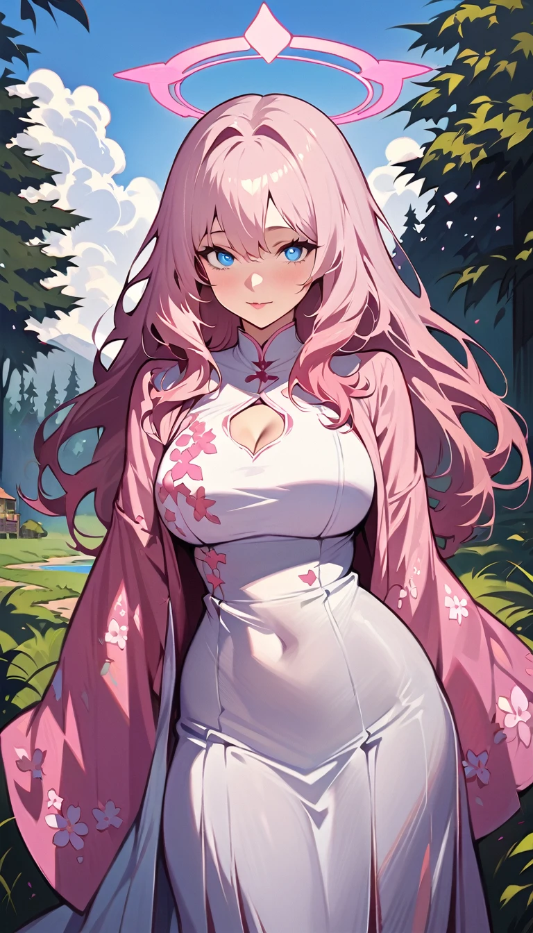 (high quality, 8k, 4K, high contrast, artwork:1.2, high quality, best aesthetics), (centered), ((1 woman)), erotic, sensual, sexy woman, mature body, super detailed, beautiful face detailed, beautiful eyes detailed, detailed beautiful mouth, perfect breats, perfect wide thighs, (light pink hair, long light pink hair, wavy light pink hair), (blue eyes), (long white dress with printed pink sakuras), (pink angel halo), (calm expression), (standing), (looking at the viewer), (front view), (beautiful country house in the background in the middle of a forest)