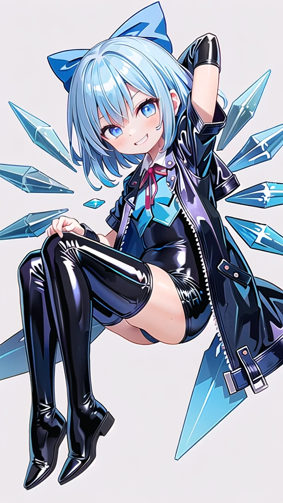 (((one girl))),(((one girl))),(((tanned cirno))), (touhou),(((short hair,blue hair))),ice wings,(((blue eyes))),(((bangs))),(((Black leather jacket))),(((blue full bodysuit))),((latex)), (shiny clothes:1.2),(((grin))),(((full body))),(((arm behind head))),(((model posing))),((((simple white background))),(((Diagonal angle)))