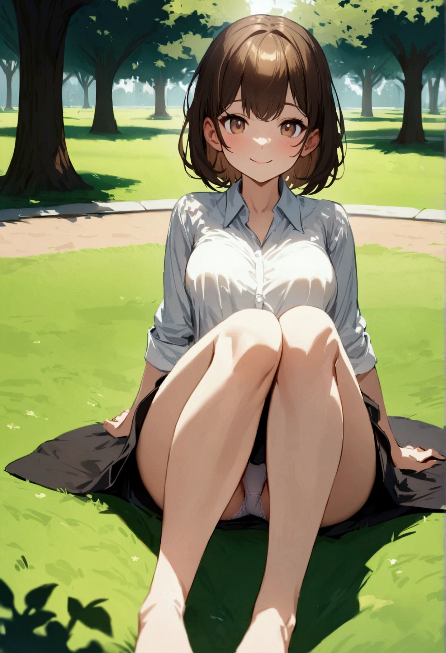 drawing of a girl with long dark brown hair, light brown eyes, with a smiling expression on his face, wearing a white shirt and a short black skirt, she has her legs open, her panties are visible, sitting on the grass floor on her legs,, at the bottom of a park