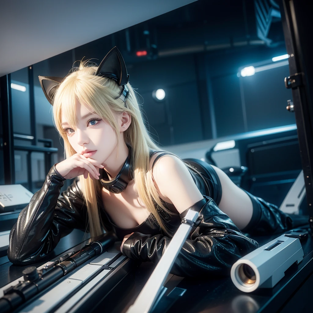 "Create a highly realistic and photorealistic image of a blonde character with cat ears looking through a rifle scope and aiming at a target. The scene requires a futuristic, cyber aesthetic with dynamic angles. Please make sure the image is high resolution.