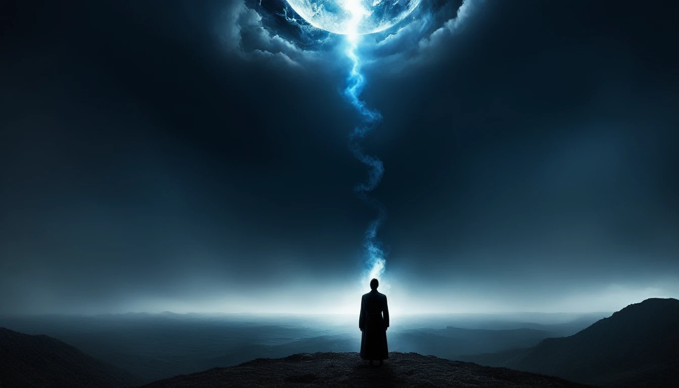 The art should be digital and contain surreal elements. In the center of the image, place a person looking at the horizon ,a dark smoke energy comes out of his body,dark image, feelings of déjà vu,,past lives sensation in soul xilogravura style,dark images,spiritual feeling looking to spiritual universe,dark style