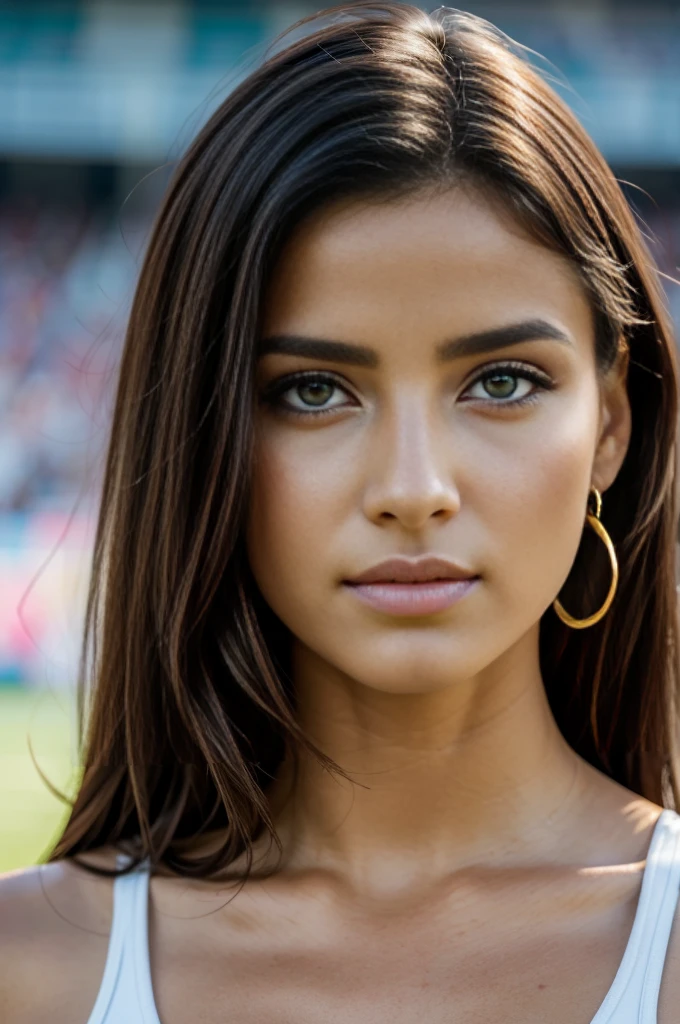 1 fille dans, 19 ans,qui joue au football  , seulement, photo realiste , une belle fille kabyle algérienne, cheveux brun clair ondulés, Bijoux kabyles, Kabylian hair style, cheveux mi-longs, beau visage berbère kabyle, yeux marron clair-vert, peau claire, visage mince, corps des coureurs, portant une tenue de football de l’equipe de la colombie, (peau texturée, pores de la peau:1.1), chair de poule, Pose séduisante, (Extérieur:1.1), stade de foot en arriere plan, ensoleillé, Lumière naturelle, Nikon Z8 + NIKKOR Z 24-120 mm f./4S

