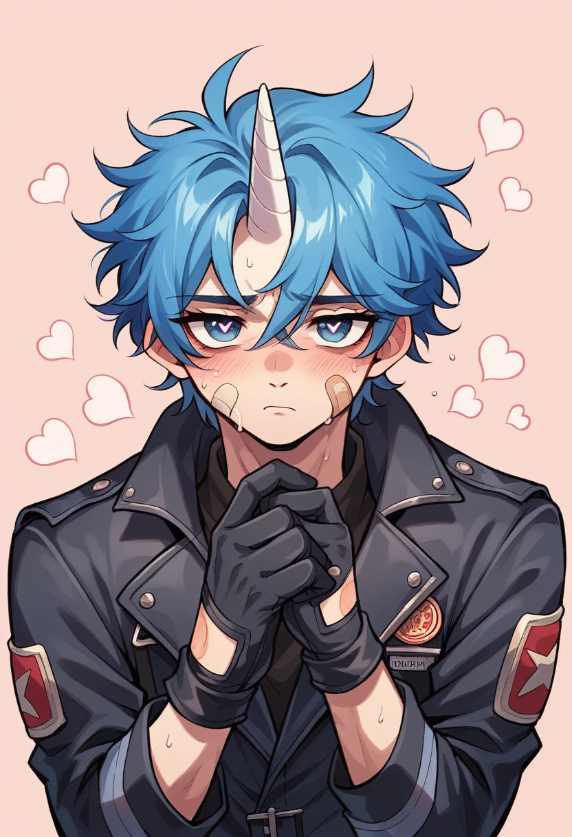 Semi-human unicorn boy, pastel blue hair, shoulder-length and slightly messy hair, pale blue unicorn horn, dark blue eyes, long eyelashes, red dark circles under his eyes, bruises and wounds on the face, tired expression, blushing, sweaty, handsome, cute boy, motorcycle jacket, black combat gloves, pins of hearts in the jacket, cover of fashion and gossip magazine, camera shy expression, band-aid on cheek, heart-shaped pupils