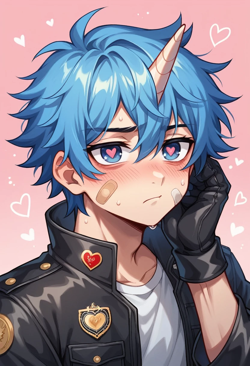 Semi-human unicorn boy, pastel blue hair, shoulder-length and slightly messy hair, pale blue unicorn horn, dark blue eyes, long eyelashes, red dark circles under his eyes, bruises and wounds on the face, tired expression, blushing, sweaty, handsome, cute boy, motorcycle jacket, black combat gloves, pins of hearts in the jacket, cover of fashion and gossip magazine, camera shy expression, band-aid on cheek, heart-shaped pupils