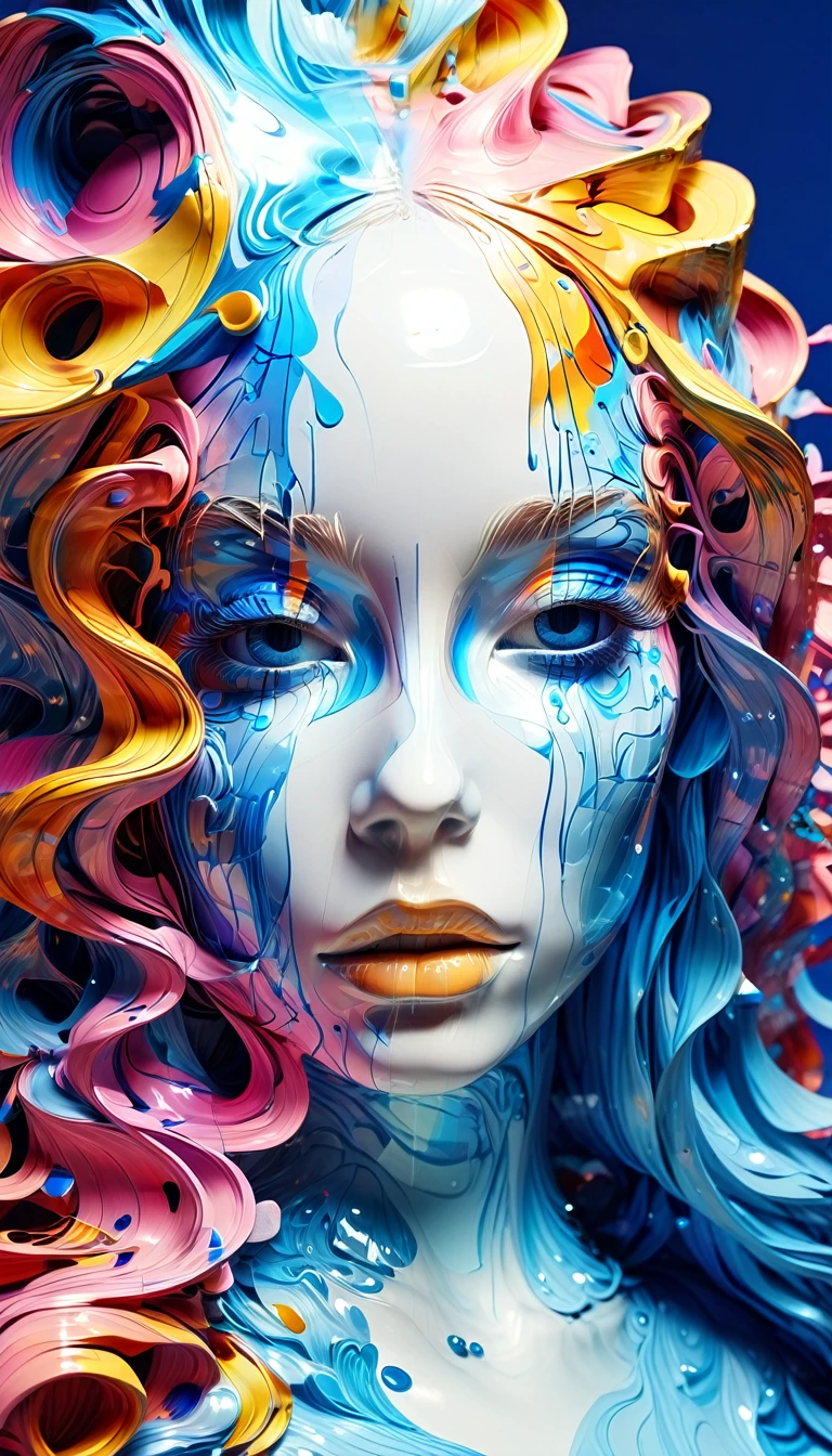 (Super Fine,Real:1.37),Psychedelic Abstract Art:3D Goddess sculpture made from flowing liquid,Beautiful Blue Eyes,Calm expression,Soft and flowing hair,Upper Body,Mythological background,creative works,Liquid Textures and Patterns,High Resolution Rendering,Crystal Clear,Exquisite craftsmanship,Dreamy atmosphere,Sensual and attractive,masterpiece:1.2。