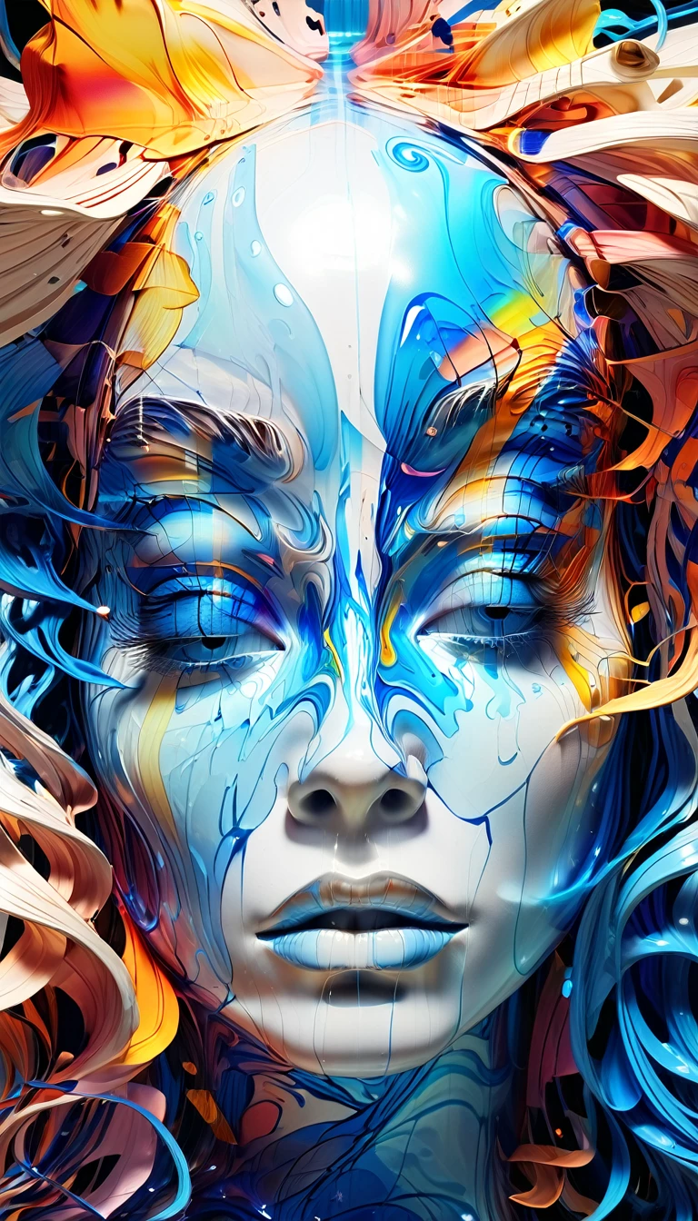 (Super Fine,Real:1.37),Psychedelic Abstract Art:3D Goddess sculpture made from flowing liquid,Beautiful Blue Eyes,Calm expression,Soft and flowing hair,Upper Body,Mythological background,creative works,Liquid Textures and Patterns,High Resolution Rendering,Crystal Clear,Exquisite craftsmanship,Dreamy atmosphere,Sensual and attractive,masterpiece:1.2。