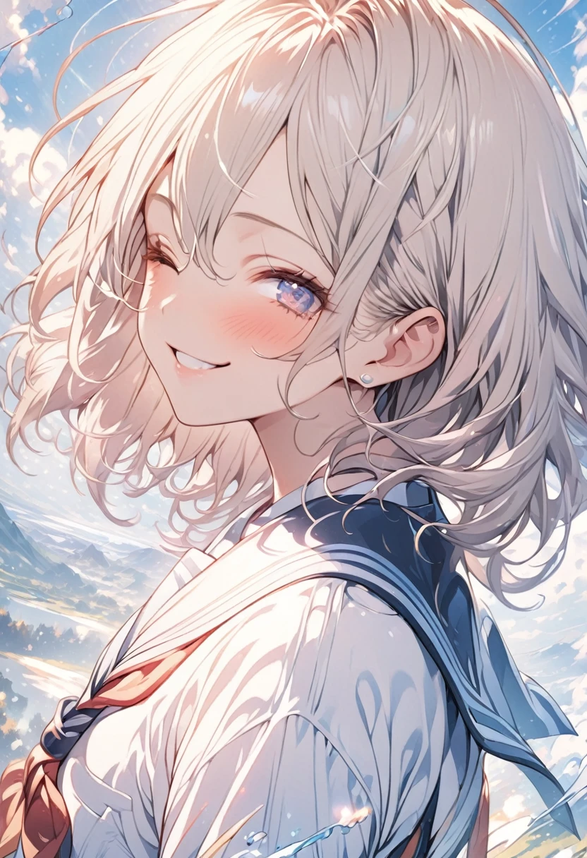 masterpiece, Highest quality, Highly detailed CG Unity 8K wallpapers, High School Girl Anime Illustration. Wearing a uniform、ピース✌️サイン、she has her eyes closed and mouth open, smile. The background is a light pastel colored landscape