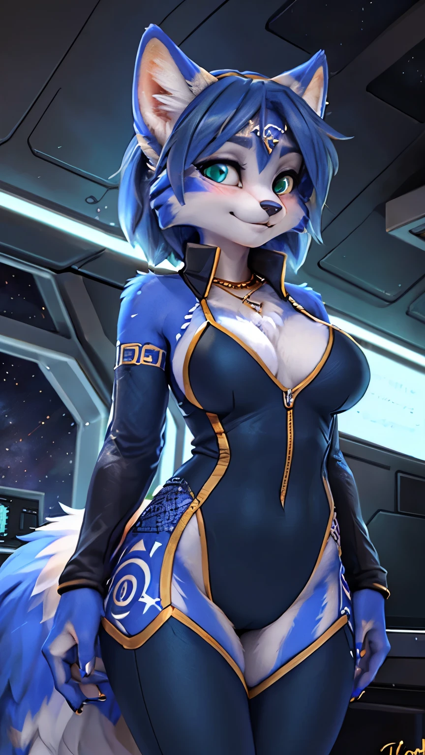 A beautiful and detailed (sweet portrait) wa ((Krystal)), Star Fox Krystal, slim, green eyes, medium breasts, (((Long blue hair 1.3))), Decollete, look up,, anthro, furry, Uploaded E621, detailed fluffy fur, (wa Fluff-Kevlar, Bayard Wu, Personalami, Pino Daeni), detailed face, (fluffy), 1 girl, alone, sweet girl, Spaceship, Blue skintight jumpsuit, Looking at viewer, Big breasts, Wide hips, Thick thighs, Shy smile, Blushing,
