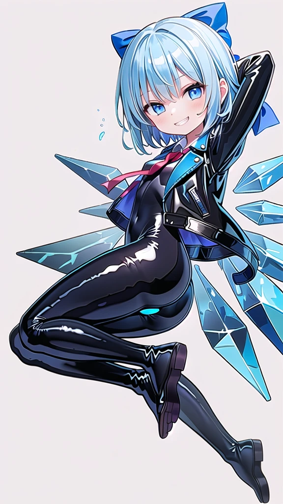 (((one girl))),(((one girl))),(((tanned cirno))), (touhou),(((short hair,blue hair))),ice wings,(((blue eyes))),(((bangs))),(((Black leather jacket))),(((blue full bodysuit))),((latex)), (shiny clothes:1.2),(((grin))),(((full body))),(((arm behind head))),(((model posing))),((((simple white background))),(((Side angle)))