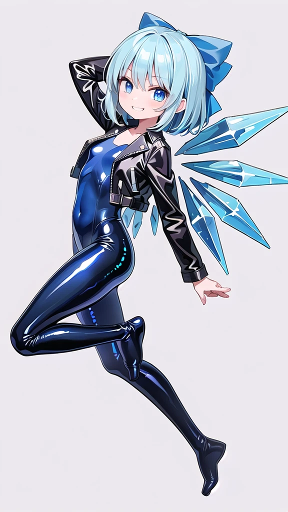 (((one girl))),(((one girl))),(((tanned cirno))), (touhou),(((short hair,blue hair))),ice wings,(((blue eyes))),(((bangs))),(((Black leather jacket))),(((blue full bodysuit))),((latex)), (shiny clothes:1.2),(((grin))),(((full body))),(((arm behind head))),(((model posing))),((((simple white background))),(((Side angle)))