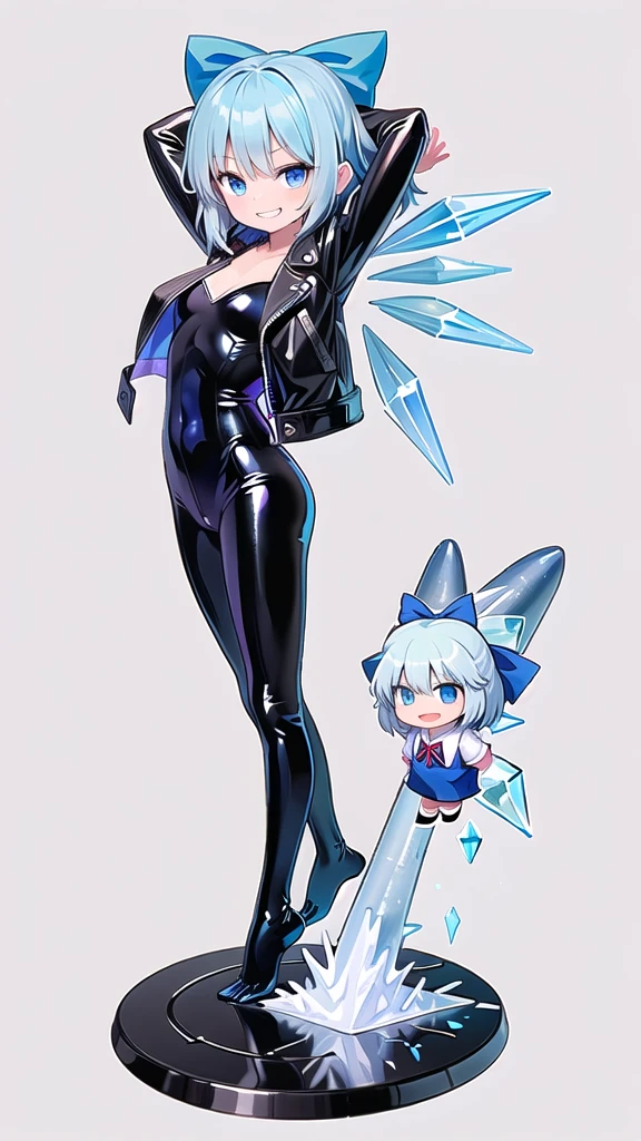 (((one girl))),(((one girl))),(((tanned cirno))), (touhou),(((short hair,blue hair))),ice wings,(((blue eyes))),(((bangs))),(((Black leather jacket))),(((blue full bodysuit))),((latex)), (shiny clothes:1.2),(((grin))),(((full body))),(((arm behind head))),(((model posing))),((((simple white background))),(((Side angle)))