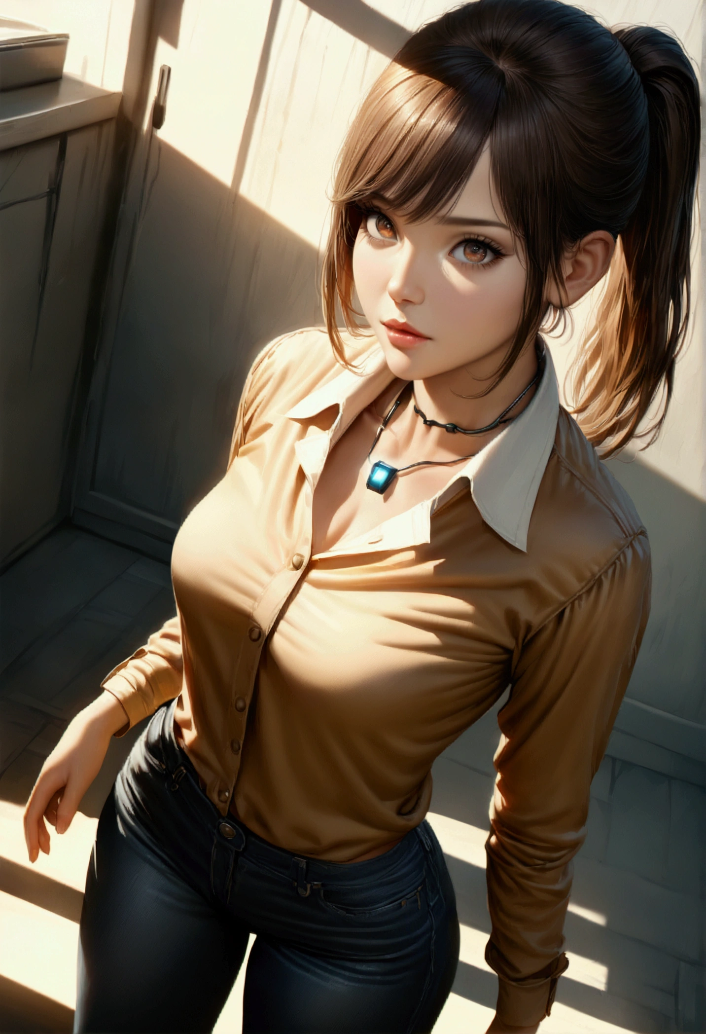 a young woman, smooth and fair skin, dark hair in a ponytail, beautiful detailed eyes, beautiful detailed lips, brown eyes, blouse, tight jeans, good body, electronics implant on neck and hand, hyper detailed, photorealistic, 8k, high resolution, masterpiece, realistic, cinematic lighting, dramatic shadows, warm color tones