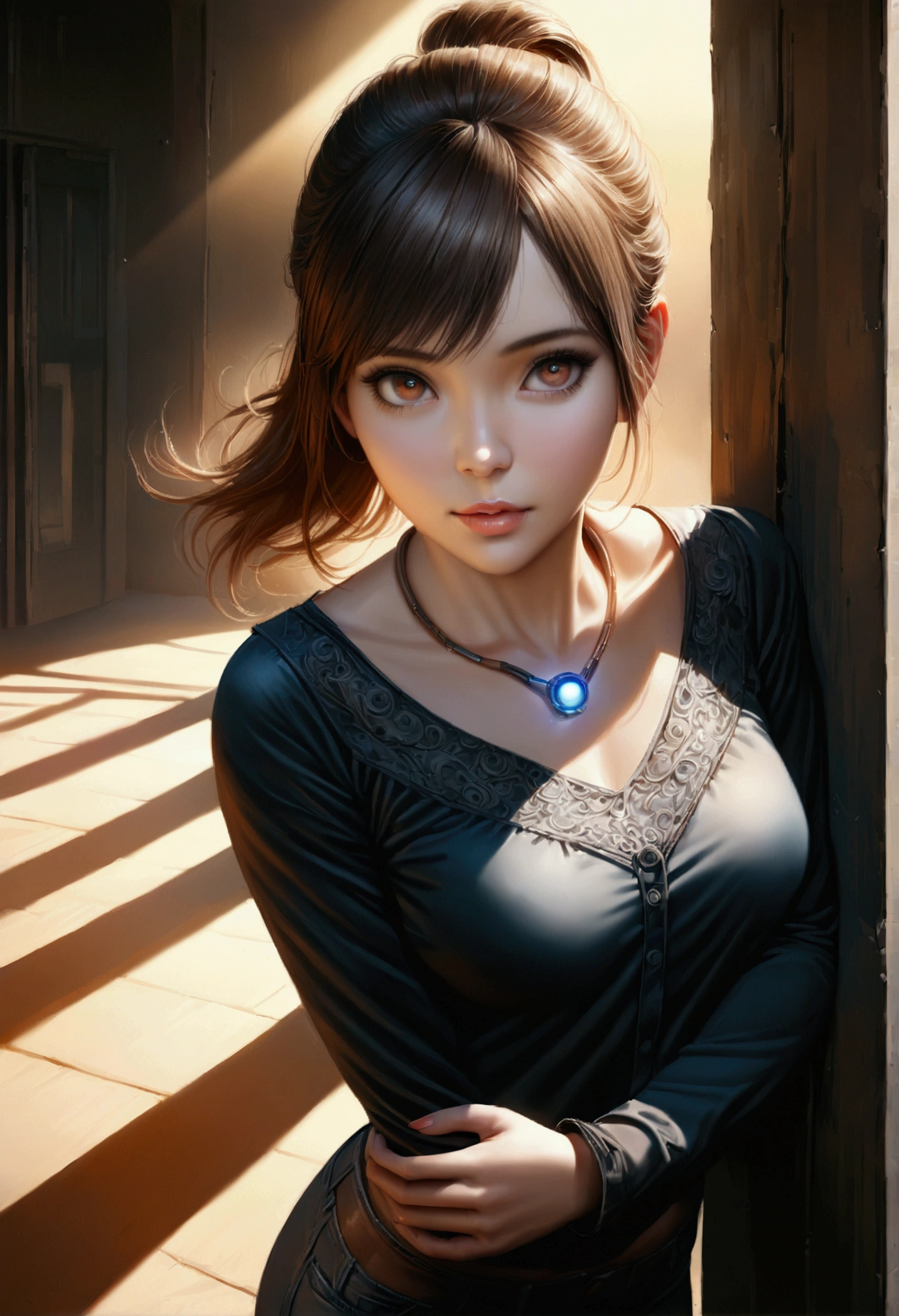 a young woman, smooth and fair skin, dark hair in a ponytail, beautiful detailed eyes, beautiful detailed lips, brown eyes, blouse, tight jeans, good body, electronics implant on neck and hand, hyper detailed, photorealistic, 8k, high resolution, masterpiece, realistic, cinematic lighting, dramatic shadows, warm color tones