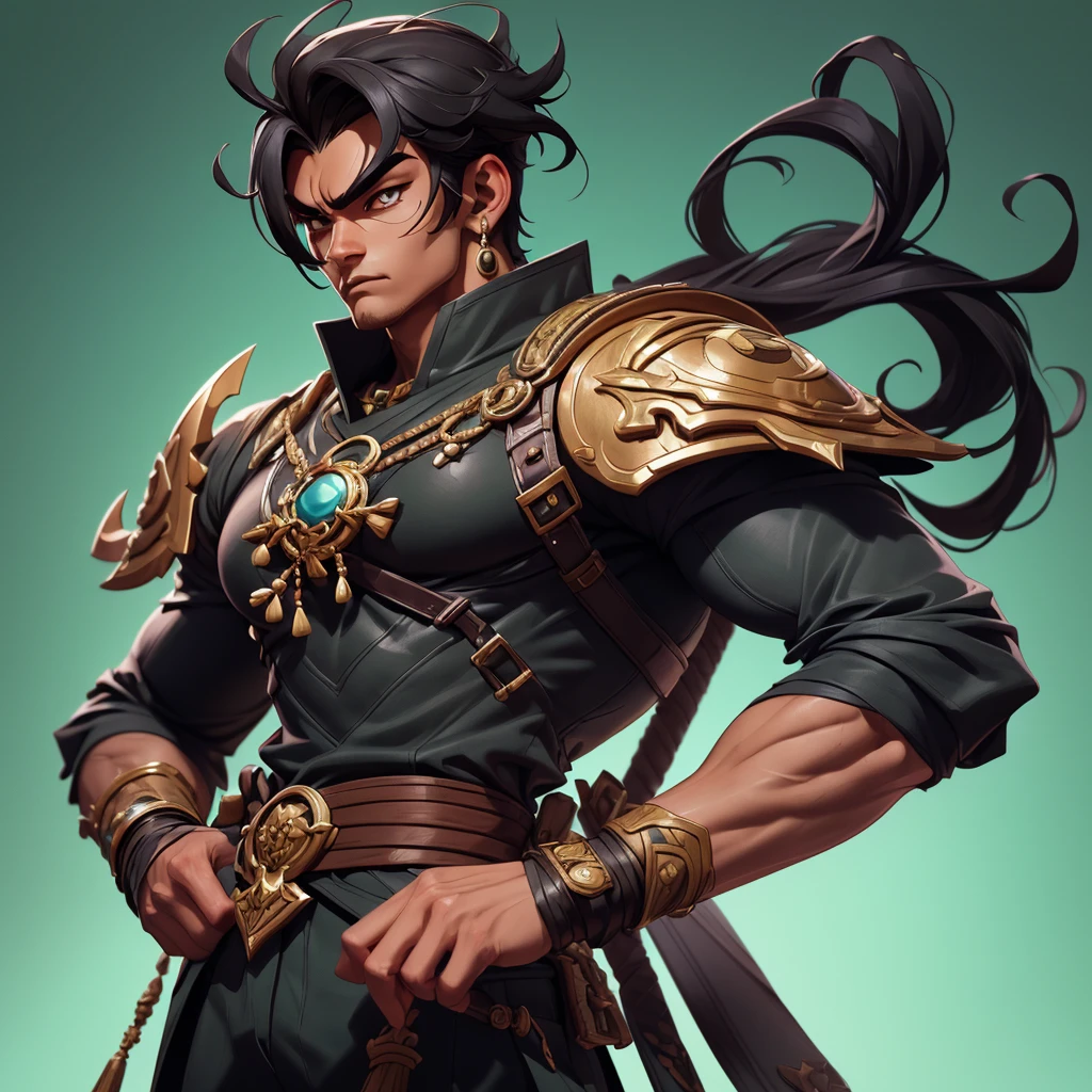 Create a muscular swordsman boy, attractive, black hair with somewhat dark skin, a colorful military suit inspired by pre-Hispanic clothing and circular lenses. All in a style as if it were a genshin impact character 