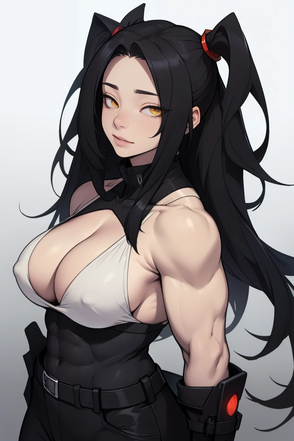 empty eyes muscular girl black hair yellow eyes pale skin large breasts