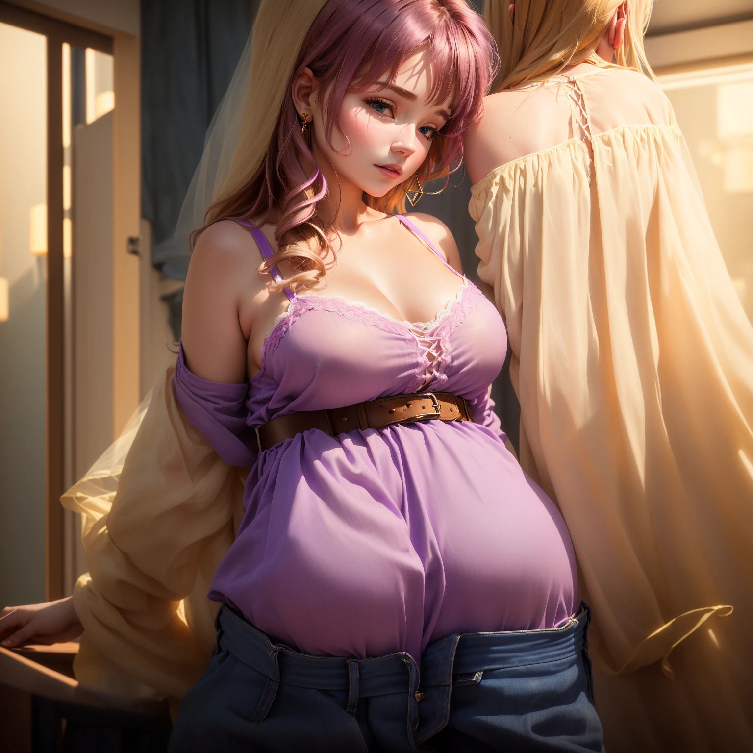 (Masterpiece), (4k), (Intense colors and lights), (evening light), (salon), (((2 women))), ((mother and daughter)), ((milf)), ((adolescent)), Mature 40-year-old mother with brown hair with big breasts dressed in a sexy, semi-transparent purple nightgown and black lace panties, she also wears golden triangular earrings, At her side is her young 14-year-old daughter, blonde with pink highlights and a , wearing a thin white thread top with an open back and a blue denim skirt with a brown belt., They are both in a sensual position