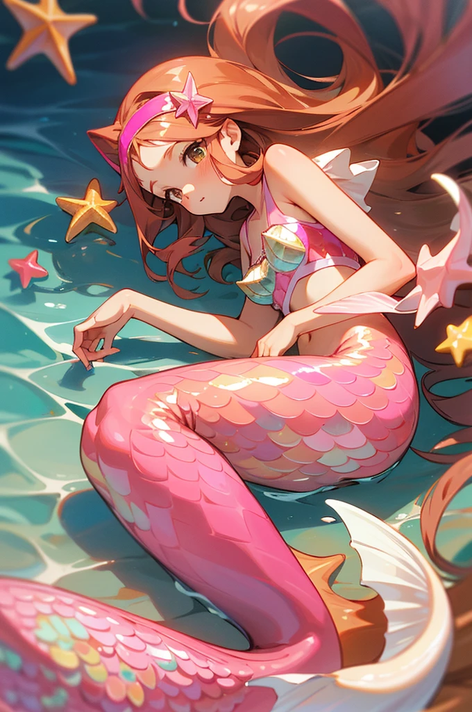 mermaid with pink tail, long caramel hair, caramel hair, brown eyes, wears a pink seashell decorated top, wears seashell accessories, pearl beads decorating waist, wears a pink headband with starfish, caramel hair, light brown hair