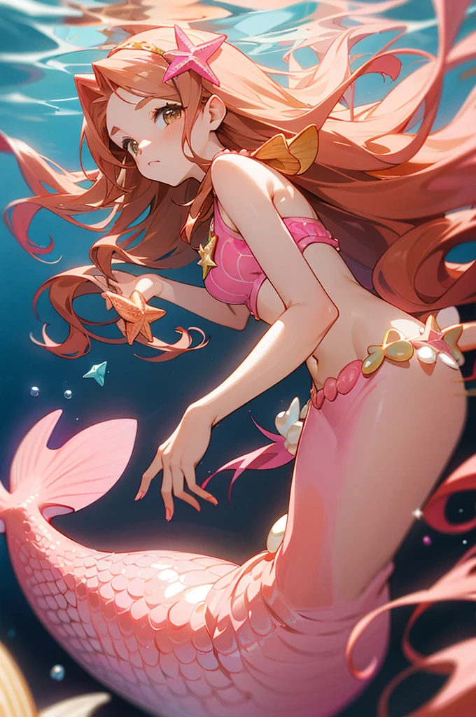 mermaid with pink tail, long caramel hair, caramel hair, brown eyes, wears a pink seashell decorated top, wears seashell accessories, pearl beads decorating waist, wears a pink headband with starfish, caramel hair, light brown hair 