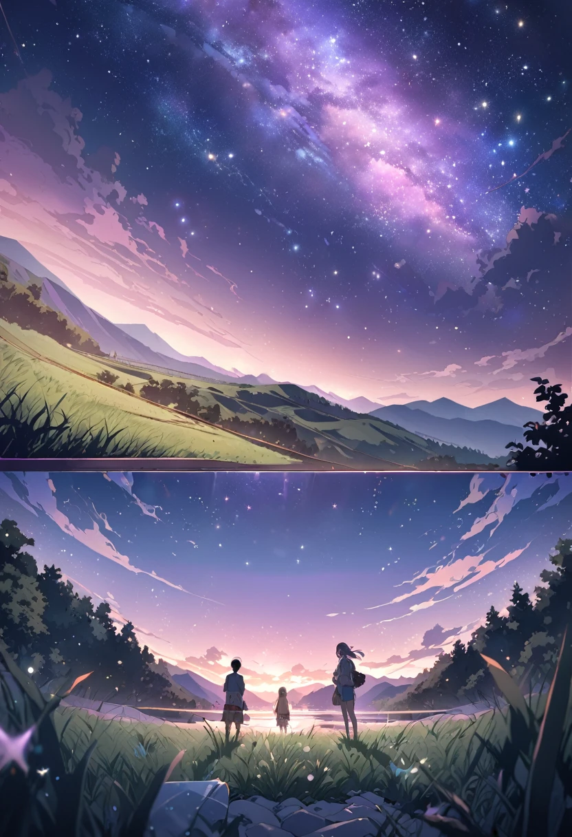 (((Makoto Shinkai style)),Pixiv,Anime Drawings,high quality,pink purple sky,Beautiful views),(universe,Trains pass,magical realism,((Makoto Shinkai style)) ::0.8), [Artistic atmosphere, atmosphere:0.8, Starry Sky, hills, Summer Mountain,Carbonated water, Grass, wood, cigarette, performer, Low viewing angle, Mirror is scattered,