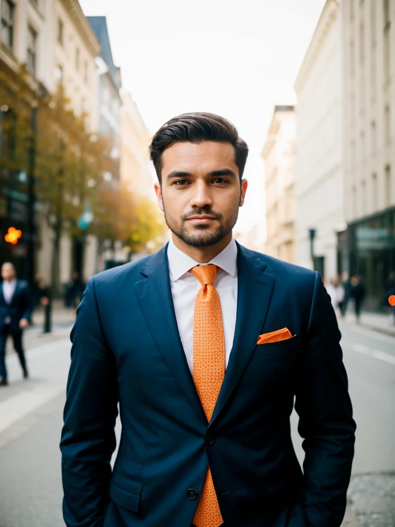 (((masterpiece)))、((Highest quality))、((超Realistic))、perspective、Very detailed、Businessman、Reality、Realistic、Highest quality、Orange tie、Orange Chief、Stylish、Sense of luxury、French、20th Generation、model、Slender face、
