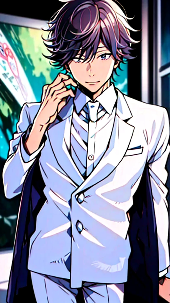 (Masterpiece), (Best Quality), (ultra detailed),Satoru Gojo at an event in an elegant white suit