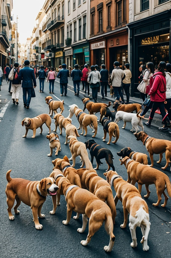 Street crowded with dogs