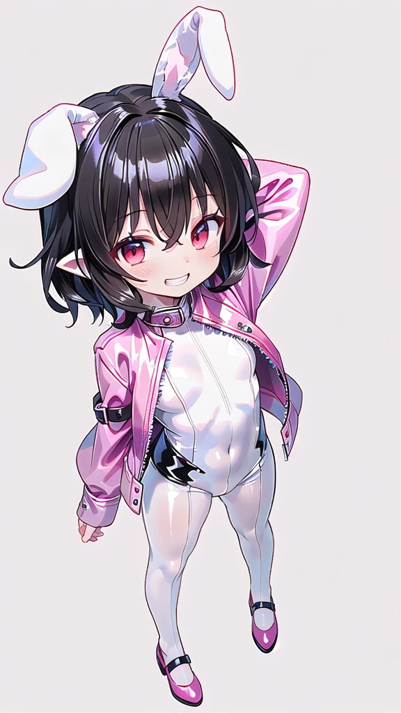 (((one girl))),(((inaba tewi))),((touhou),(((red eyes))),(rabbit girl),(((black hair,short hair,wavy hair))),(((white rabbit ears,white floppy ears))),(((Black leather jacket))),(((pink full bodysuit))),((latex)), (shiny clothes:1.2),(((grin))),(((full body))),(((arm behind head))),(((model posing))),((((simple white background))),(((Angle from above)))